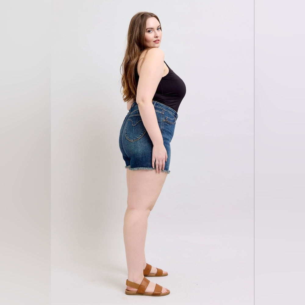 Judy Blue High Rise Tummy Control Shield Pocket Frayed Hem Shorts Various NEW - Picture 8 of 16